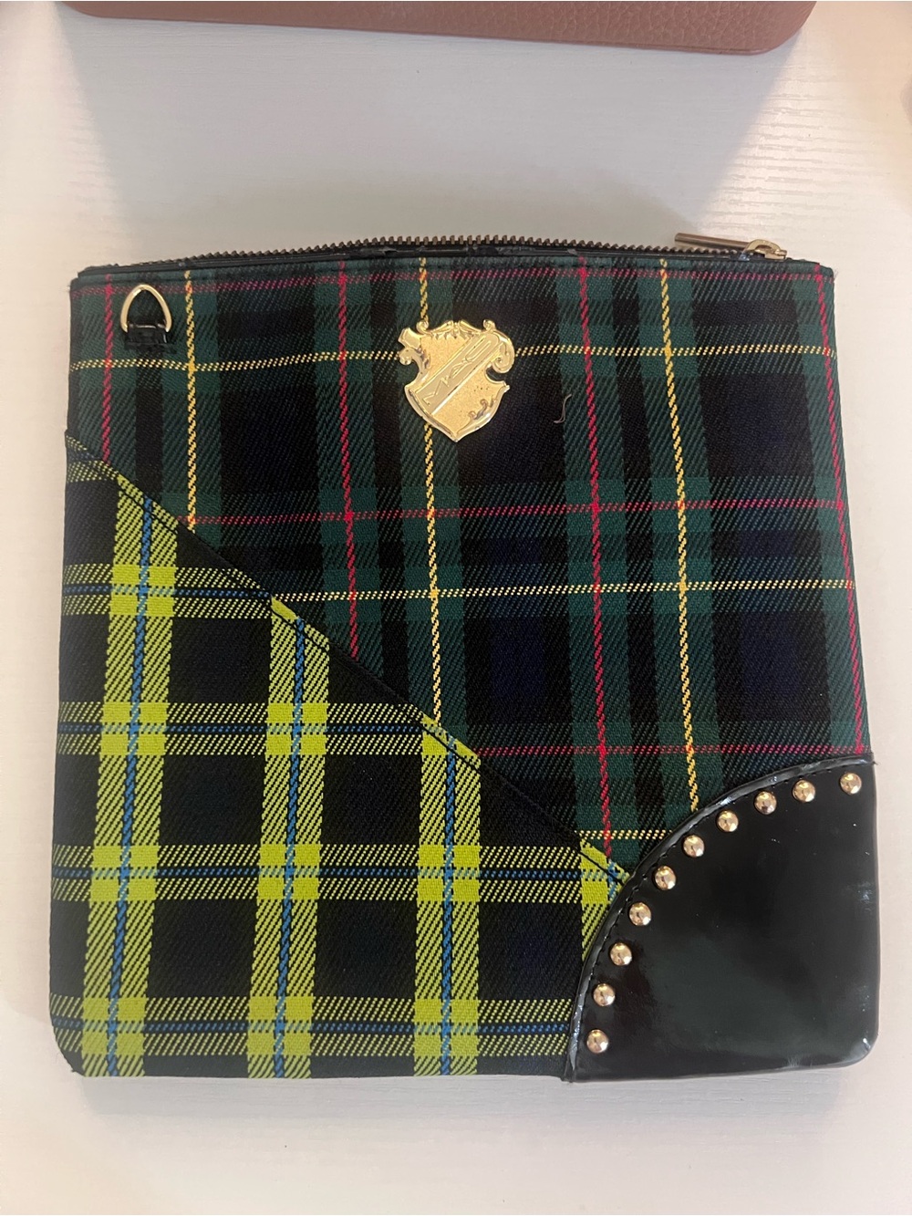 MAC Cosmetics Plaid Zip Pouch with Gold Crest and Stud Accents